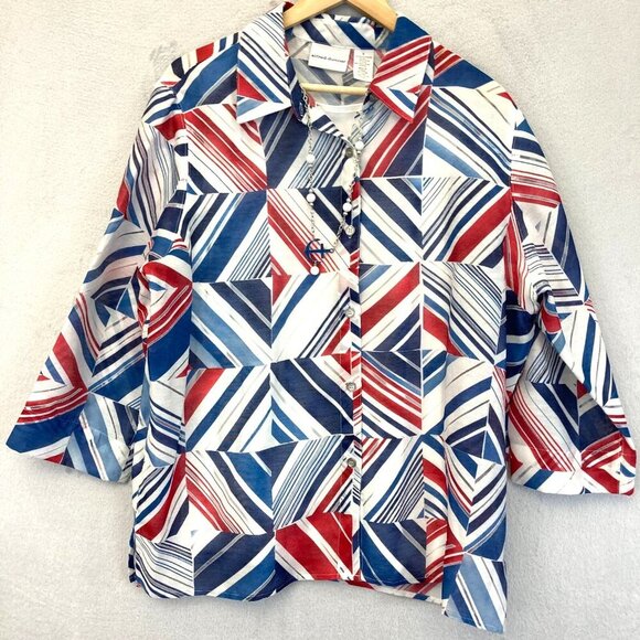 Alfred Dunner Nautical Button Up Blouse Womens Size 18 Patriotic USA Lightweight - Picture 1 of 11